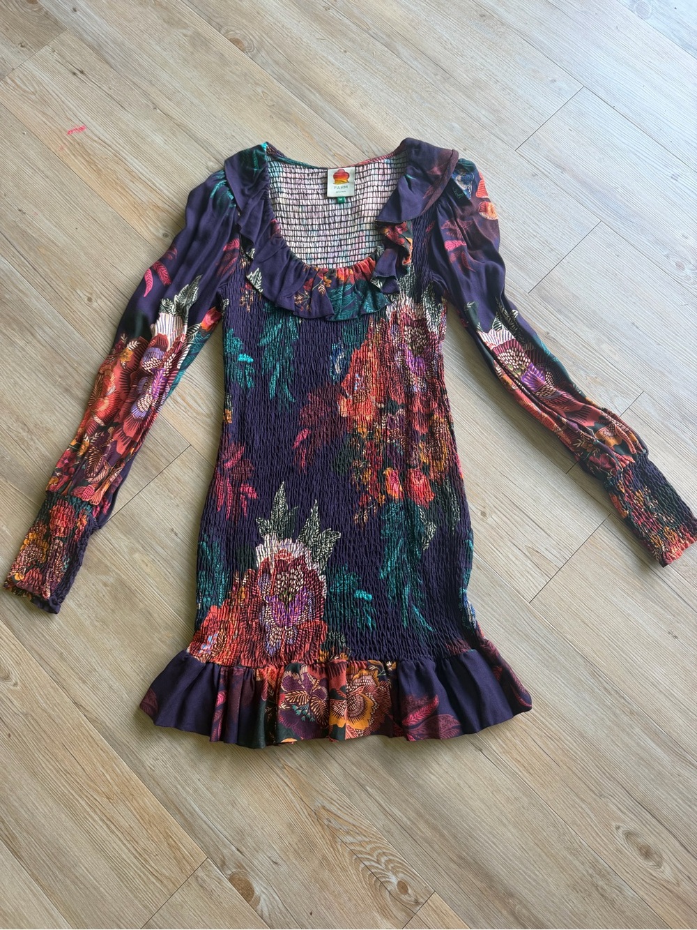 FARM Rio Purple Floral Smocked Ruffle Dress